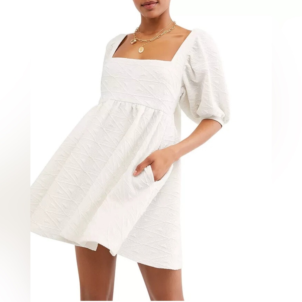 Free People Violet Mini Dress White‎ Puff Sleeve Bow Back NWT M